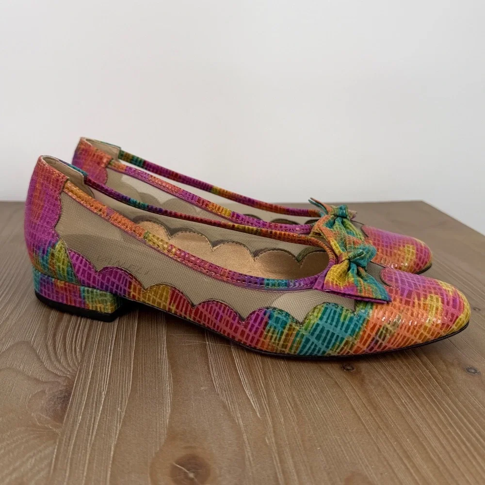 Vaneli Womens 9N Rainbow Snakeskin Print Leather Mesh Bow Flats Pumps Dopamine